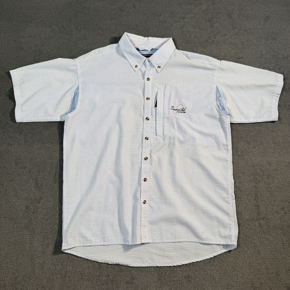 Drake Waterfowl Mag Pocket Seersucker Shirt Mens Large Blue White Striped Oxford